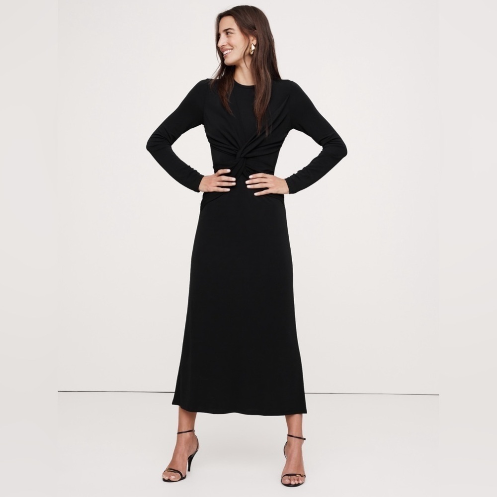 NEW! BANANA REPUBLIC WOMENS BLACK JERSEY KNIT TWIST-FRONT MAXI DRESS ⏱️